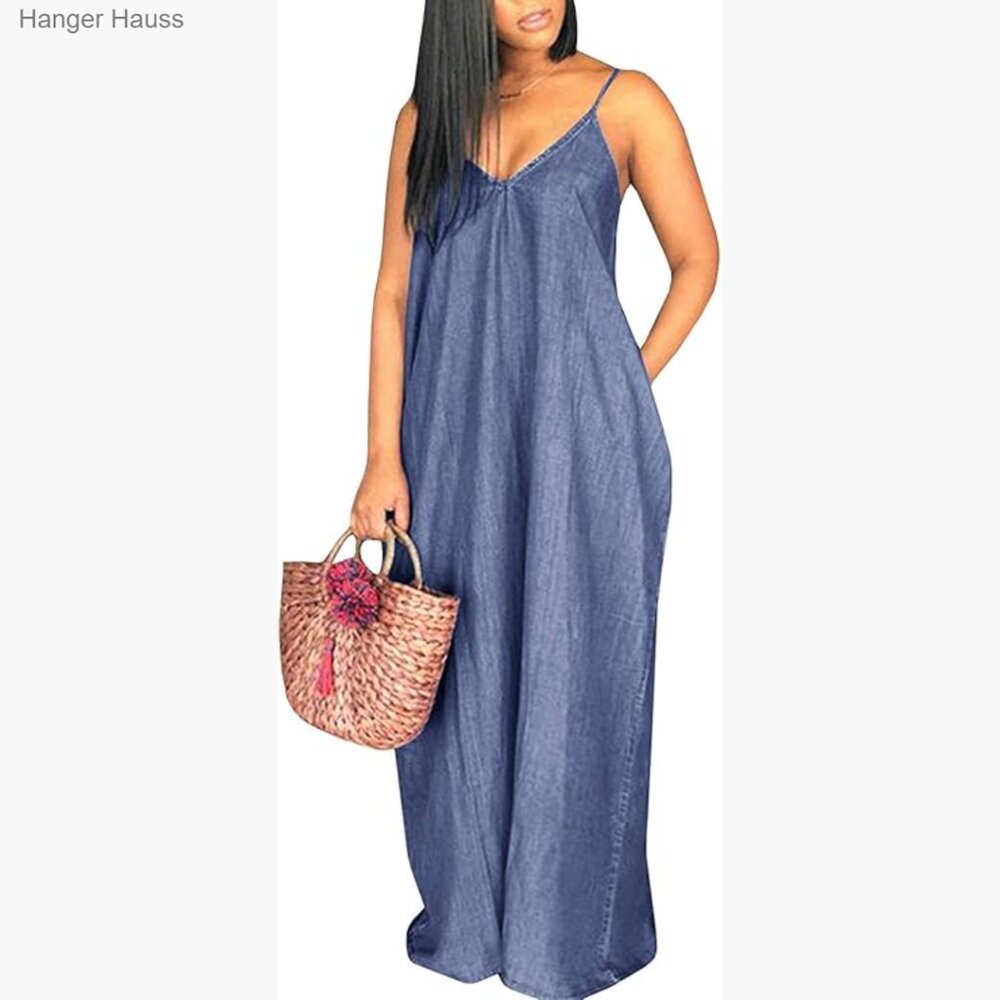 Denim Maxi Dress Spaghetti Strap Deep V Neck Loose Casual Summer